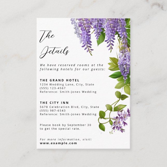 Botanical Hanging Purple Wisteria Wedding  Enclosure Card (Front)
