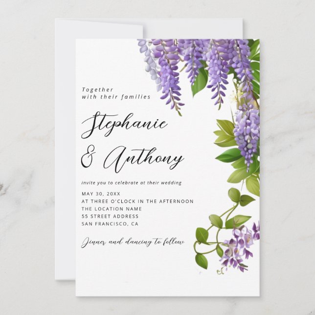 Botanical Hanging Purple Wisteria Wedding  Invitation (Front)