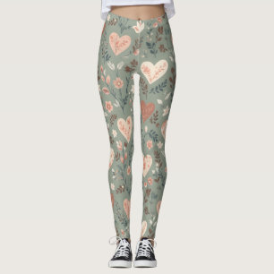 Botanical Hearts Romantic Floral Seamless Pattern  Leggings