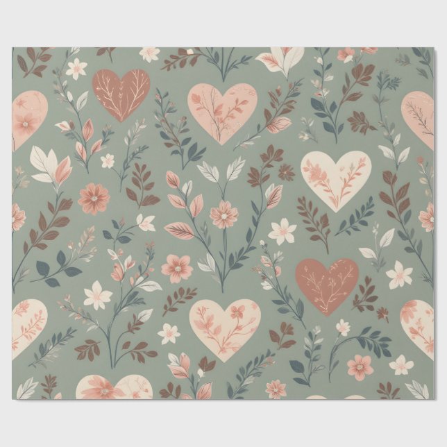 Botanical Hearts Romantic Floral Seamless Pattern  Wrapping Paper (Flat)