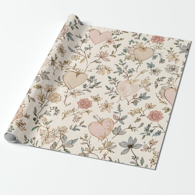Botanical Hearts Romantic Floral Valentine Pattern Wrapping Paper (Unrolled)