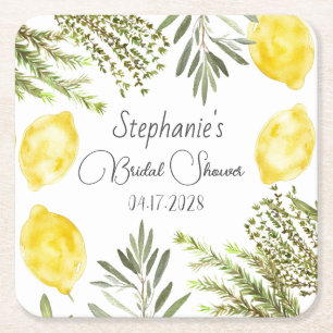 Botanical Herbs Lemons Watercolor Bridal Shower Square Paper Coaster