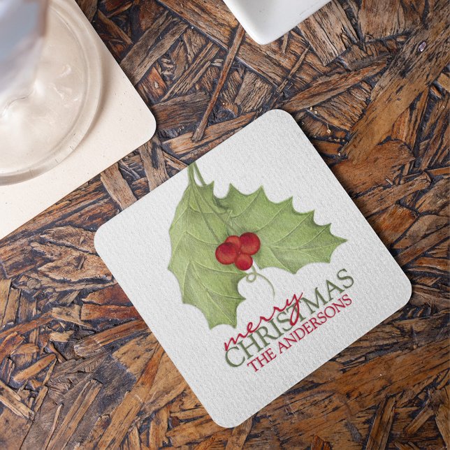 Botanical Holiday Elegant Merry Christmas Name Square Paper Coaster (Elegant botanical Merry Christmas personalized coaster with festive greenery holiday drink decor.)