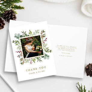 Botanical Holiday Gold Wedding Thank You Photo  Card