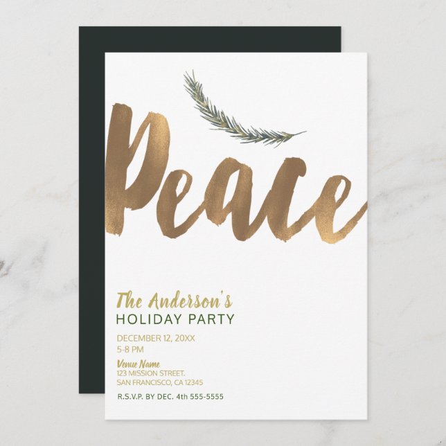 Botanical Holiday Peace Branch Pine Rustic Gold Invitation (Front/Back)