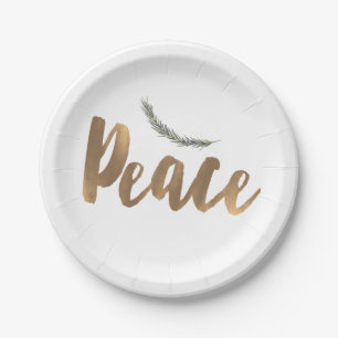 Botanical Holiday Peace Branch Pine Rustic Gold Paper Plate