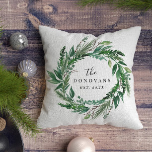 Botanical Holiday Pine Wreath with Family Name Cushion