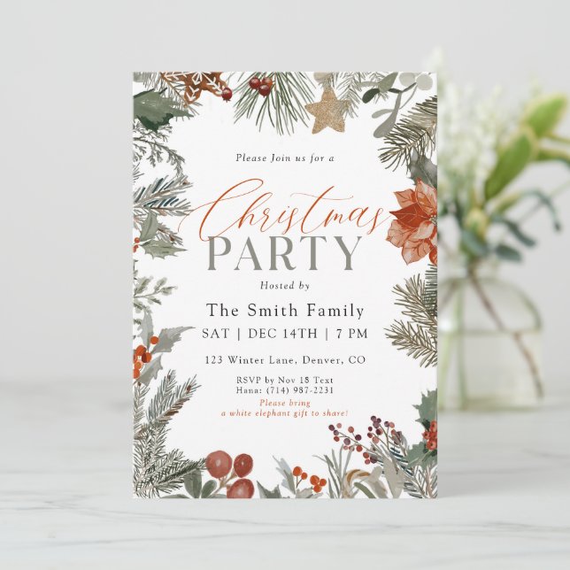 Botanical Holiday Watercolor Christmas Party Invitation (Standing Front)