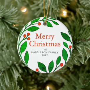 Botanical Holly Wreath Christmas Family 1 Photo Ceramic Ornament