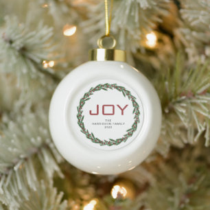Botanical Holly Wreath JOY Modern Family Name Ceramic Ball Christmas Ornament