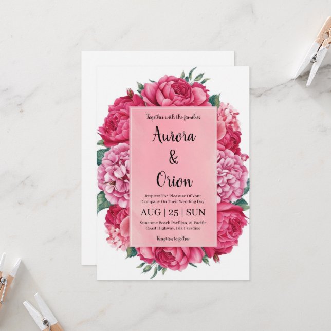 botanical hot pink floral wedding invitations (Front/Back In Situ)