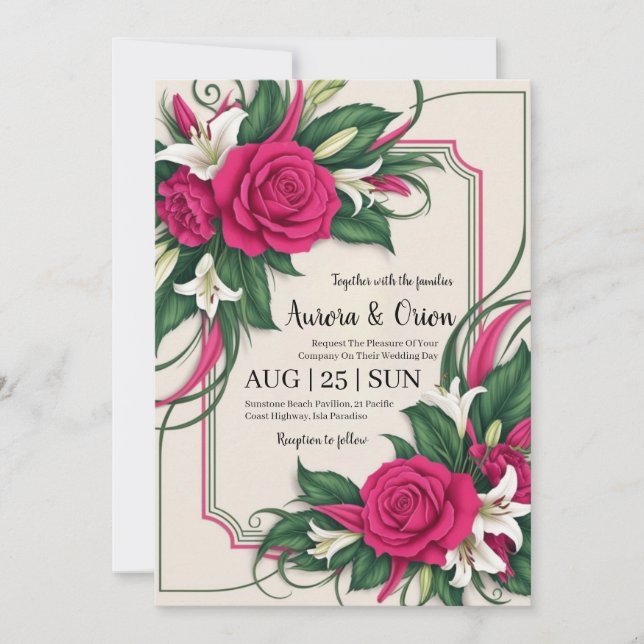 botanical hot pink floral wedding invitations (Front)