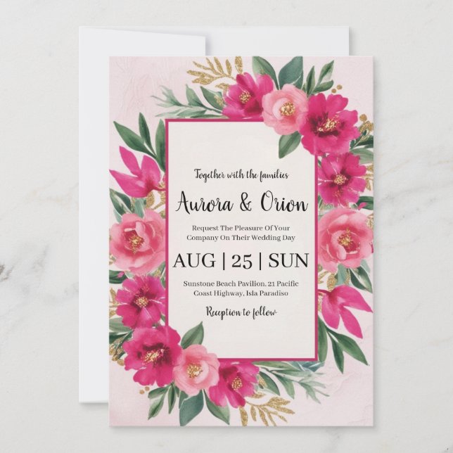 botanical hot pink floral wedding invitations (Front)
