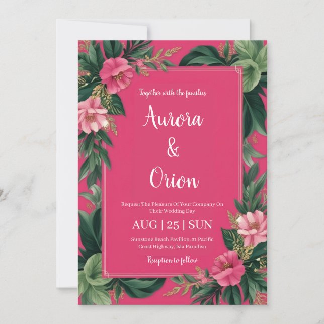 botanical hot pink floral wedding invitations (Front)