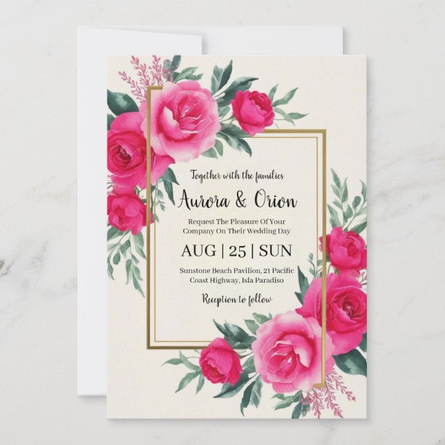 botanical hot pink floral wedding invitations (Front)