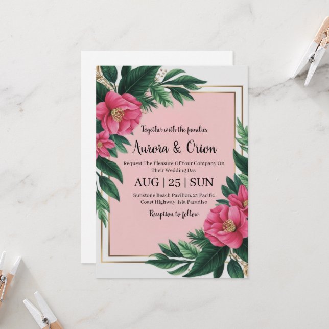 botanical hot pink floral wedding invitations (Front/Back In Situ)