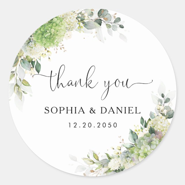 Botanical Hydrangeas Wedding Classic Round Sticker (Front)
