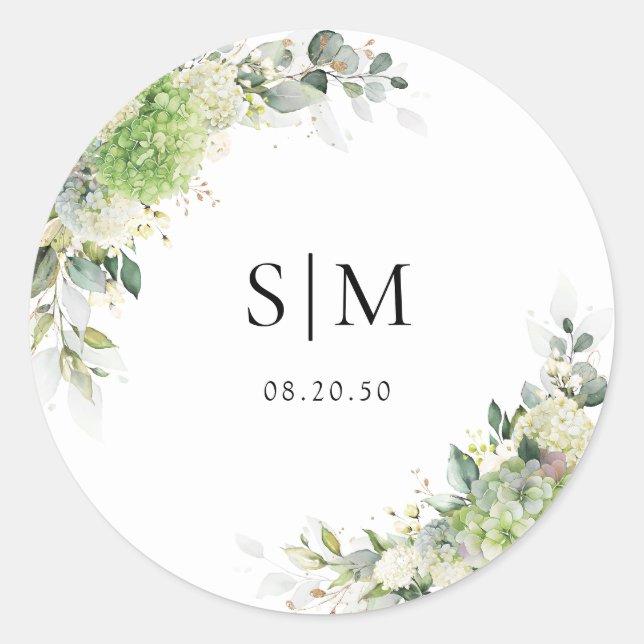Botanical Hydrangeas Wedding Classic Round Sticker (Front)