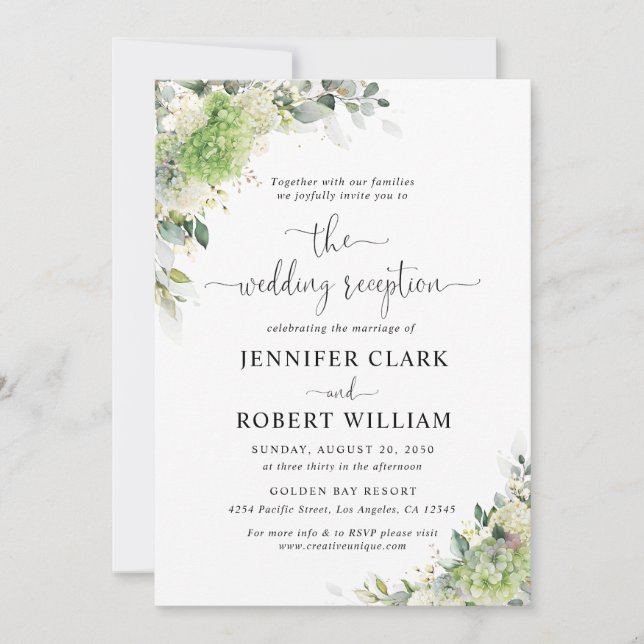 Botanical Hydrangeas Wedding Reception Invitation (Front)
