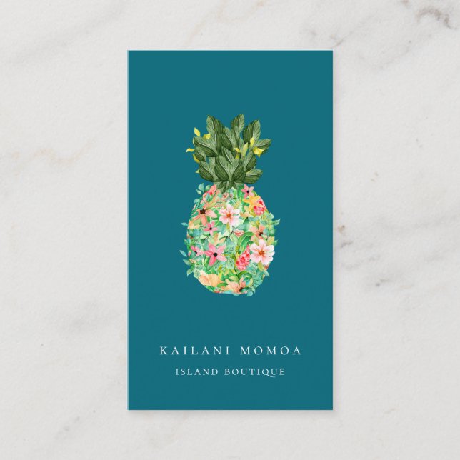 Botanical Island Pineapple Blue Business Card (Front)
