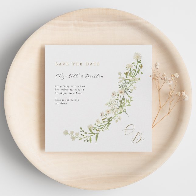 Botanical Ivory Gold Wild Flowers Monogram Wedding Save The Date (Creator Uploaded)