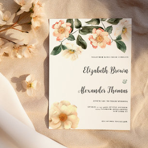 Botanical ivory pink coral green floral wedding invitation