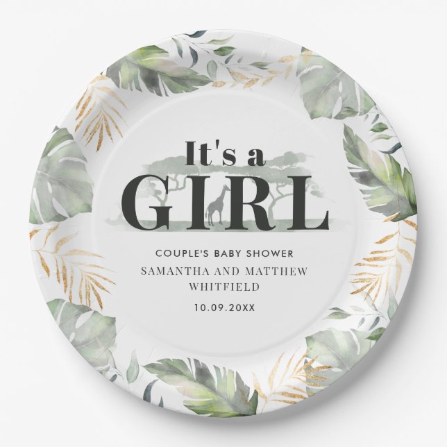 Botanical Jungle Giraffe Couple Baby Shower Paper Plate (Front)