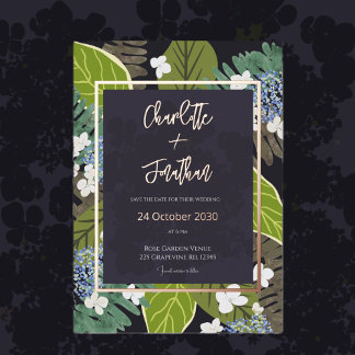 Botanical Leaf and Hydrangea Petals Save The Date