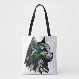 Botanical Leaf Cat Illustration Artwork Tote Bag
