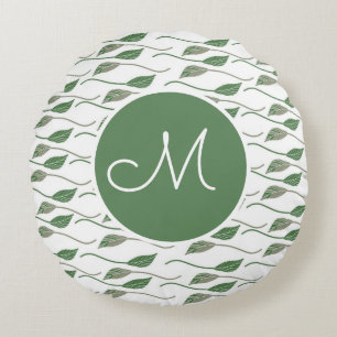 Botanical Leaf Greenery Hand Drawn Pattern Name Round Cushion