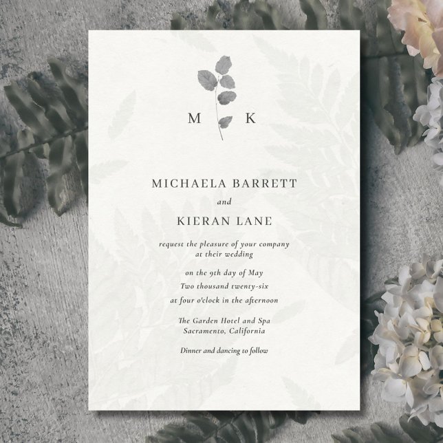 Botanical Leaf Grey Monogram Wedding Invitation (Elegant botanical leaf wedding invitation with monogram. )