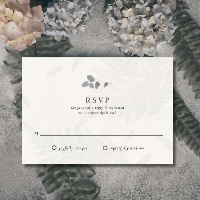 Botanical Leaf Monogram Wedding RSVP Card (Elegant botanical leaf wedding RSVP card. Features a light gray faux leaf pattern. )