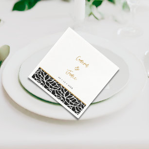 Botanical Leaf Pattern Border Names Date Wedding Napkin