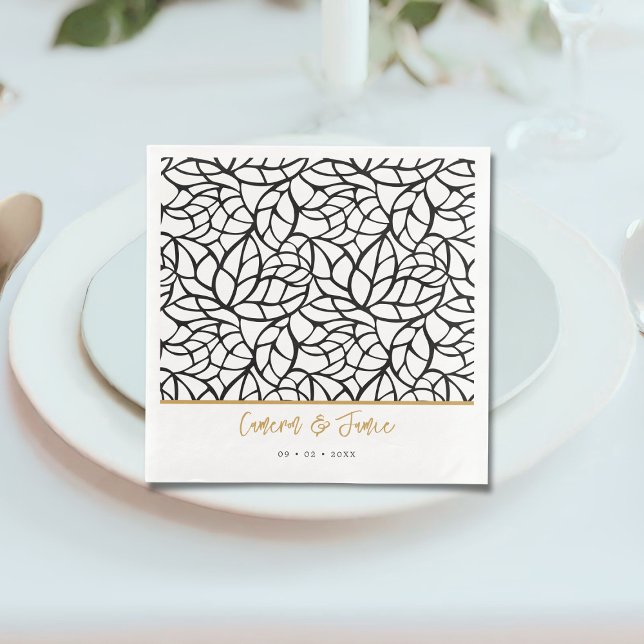 Botanical Leaf Pattern First Names Date Wedding Napkin (Botanical Leaf Pattern First Names Date Wedding Paper Dinner Napkins)