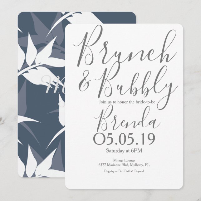 Botanical Leaf Pattern Navy Blue Brunch Wedding Invitation (Front/Back)