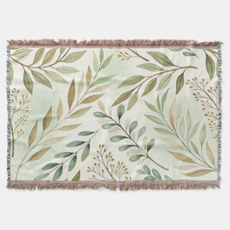 Botanical Leaf Pattern Throw Blanket – Soft Green