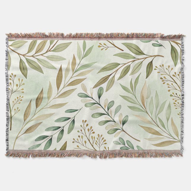 Botanical Leaf Pattern Throw Blanket – Soft Green  (Front)