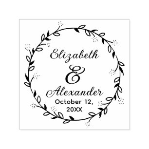 Botanical Leaf Wreath #14 Couple Names Date Script Self-inking Stamp