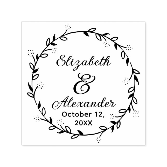 Botanical Leaf Wreath #14 Couple Names Date Script Self-inking Stamp (Design)