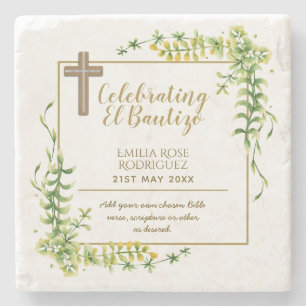 Botanical LeafBautizo Bautismo Baptism Name Verses Stone Coaster