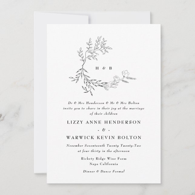 Botanical Leafy Floral Monogram Wreath Wedding Invitation (Front)