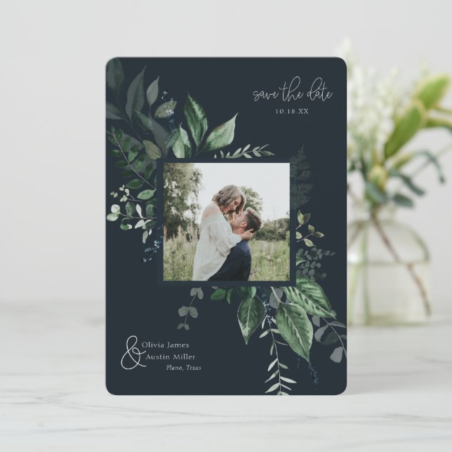 Botanical Leafy Greenery Photo Frame Save the Date (Standing Front)