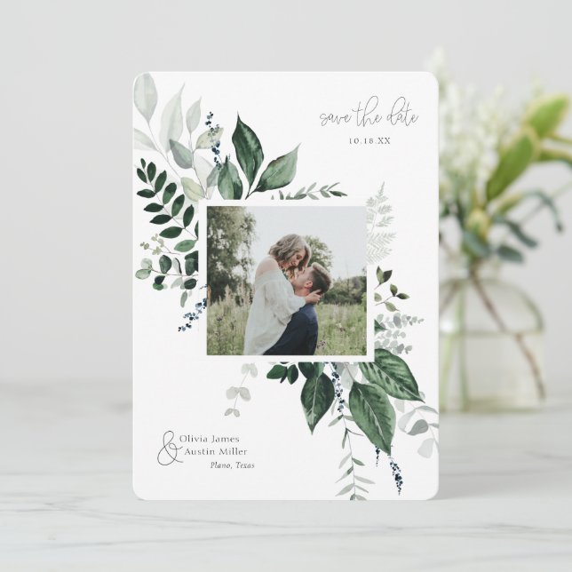 Botanical Leafy Greenery Photo Frame Save the Date (Standing Front)