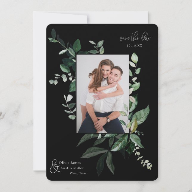 Botanical Leafy Greenery Photo Frame Save the Date (Front)