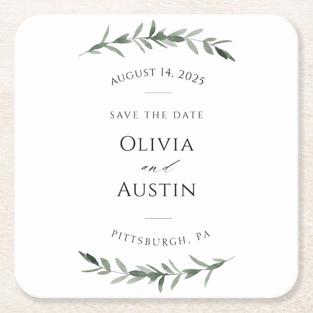 Botanical Leafy Greenery Save the Date Square Paper Coaster (Front)