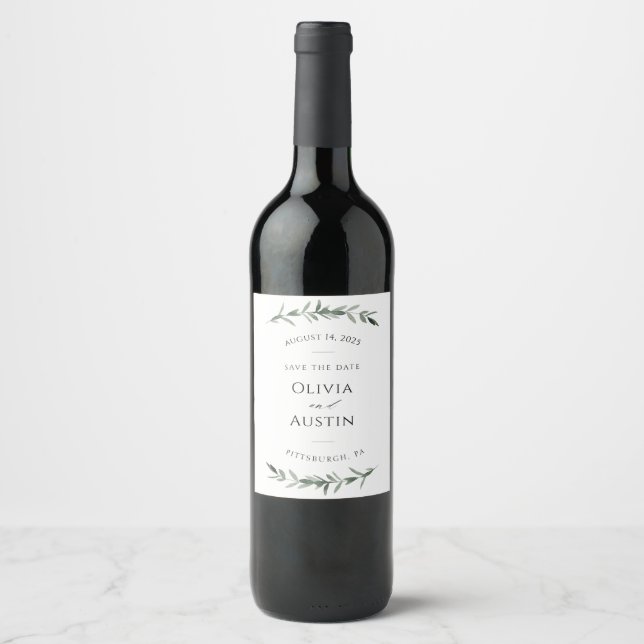 Botanical Leafy Greenery Save the Date Wine Label (Front)