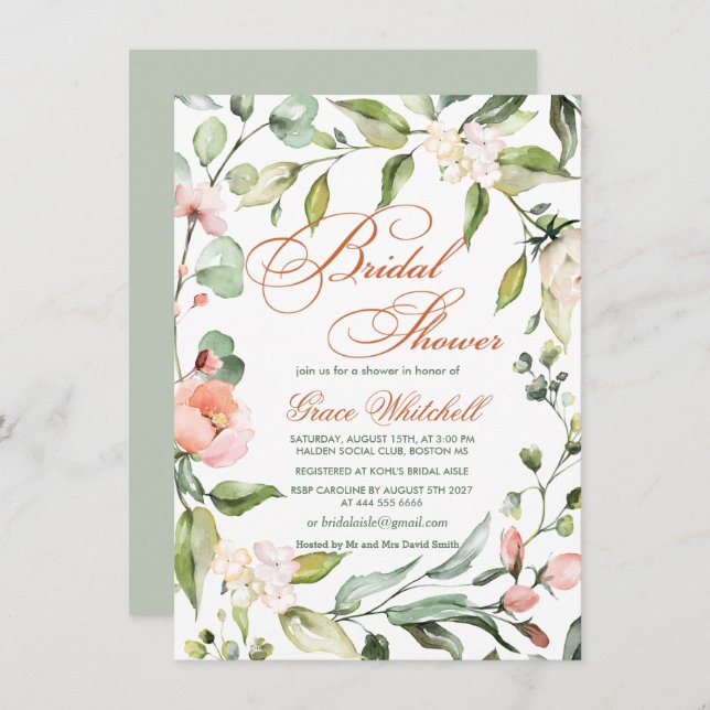 Botanical leafy wreath, flowers Bridal Shower Invitation (Front/Back)