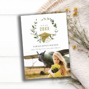 Botanical Leafy Wreath Photo Gold Graduation Announcement