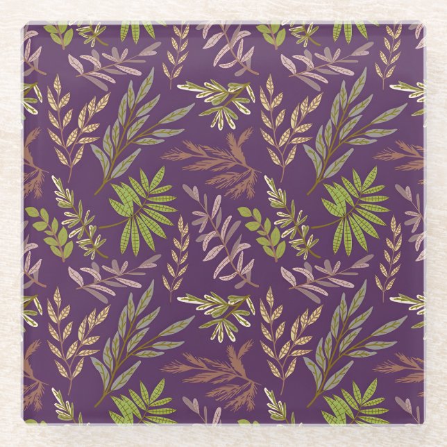 Botanical Leaves: A Stunning Purple Back Glass Coaster (Front)