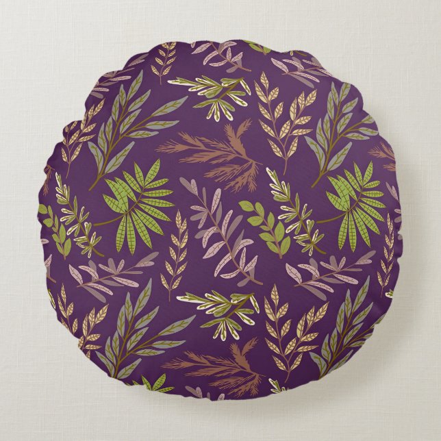 Botanical Leaves: A Stunning Purple Back Round Cushion (Front)